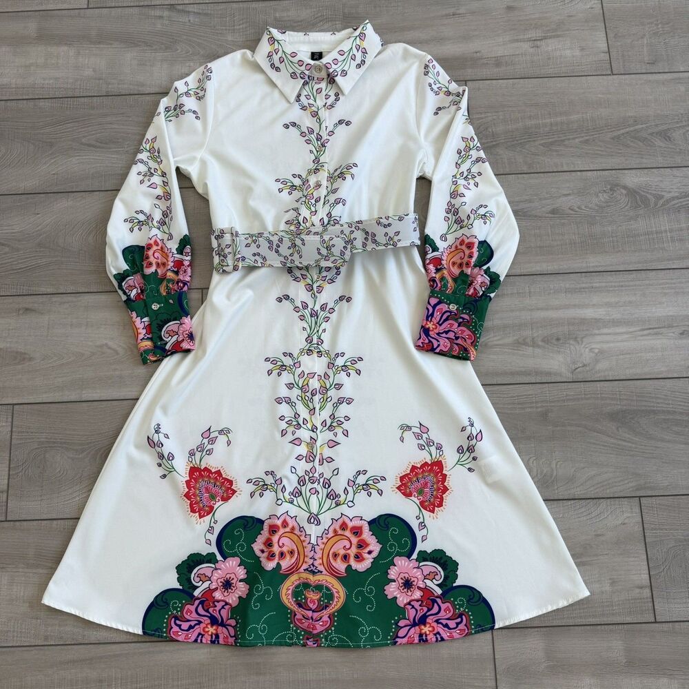 Kaimilan Midi Floral Print Long Sleeve Button-Down Shirt Dress with Belt, Size 4